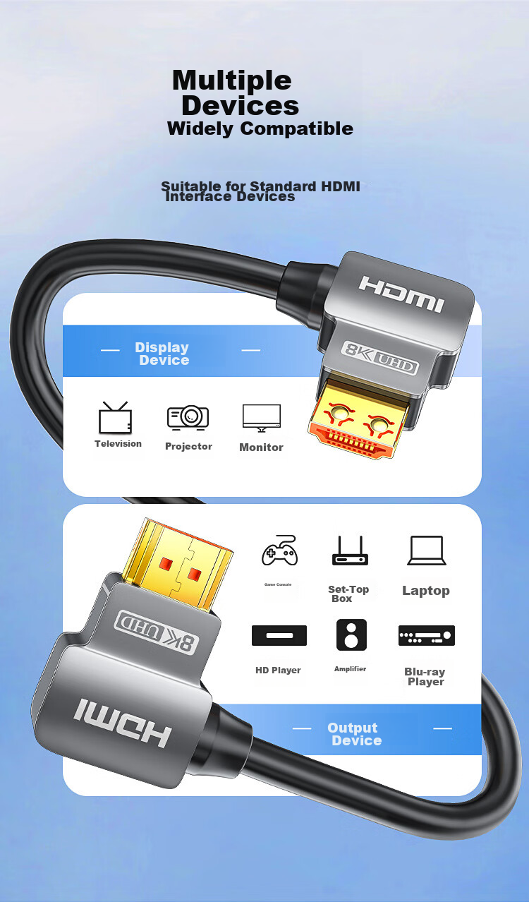 Кабель CHOSEAL HDMI 2.1, 8K@60Hz, 90-градусный угловой, для подключения компьютера к телевизору, проектору, монитору, 1 метр, QS8180T1