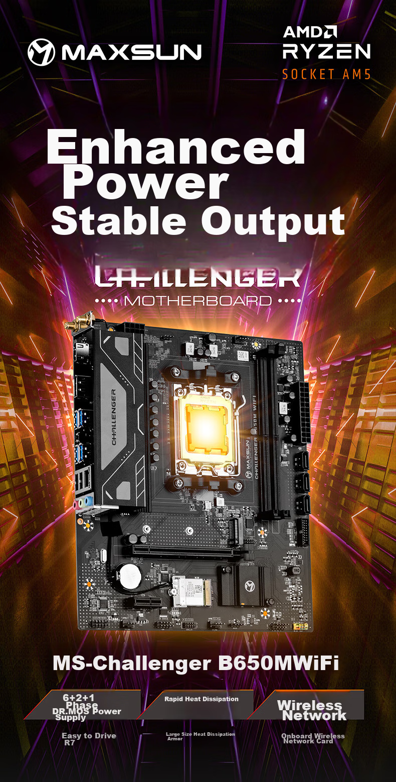 Материнская плата MAXSUN MS-Challenger B650M WiFi, AM5, DDR5, M-ATX, Wi-Fi