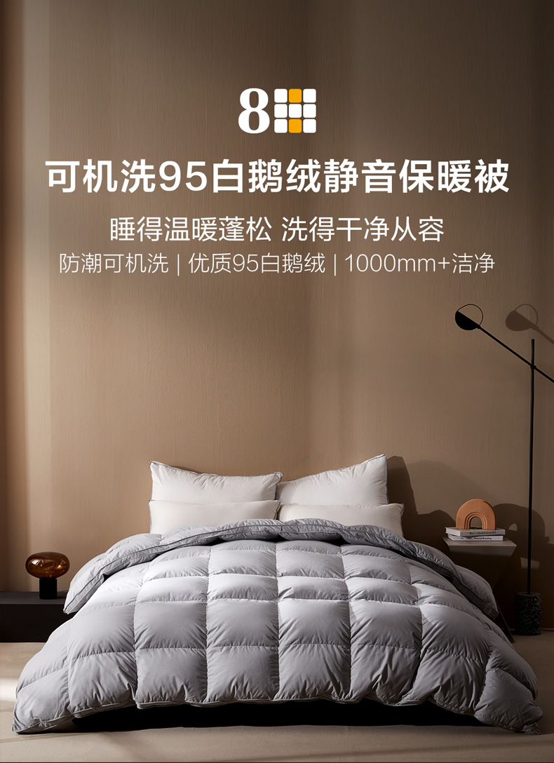 8H被子 羽绒被 可水洗95白鹅绒静音抗菌保暖被 超柔被芯Y5 双人加大春秋被冬被子 150*200 填充 750g温暖灰