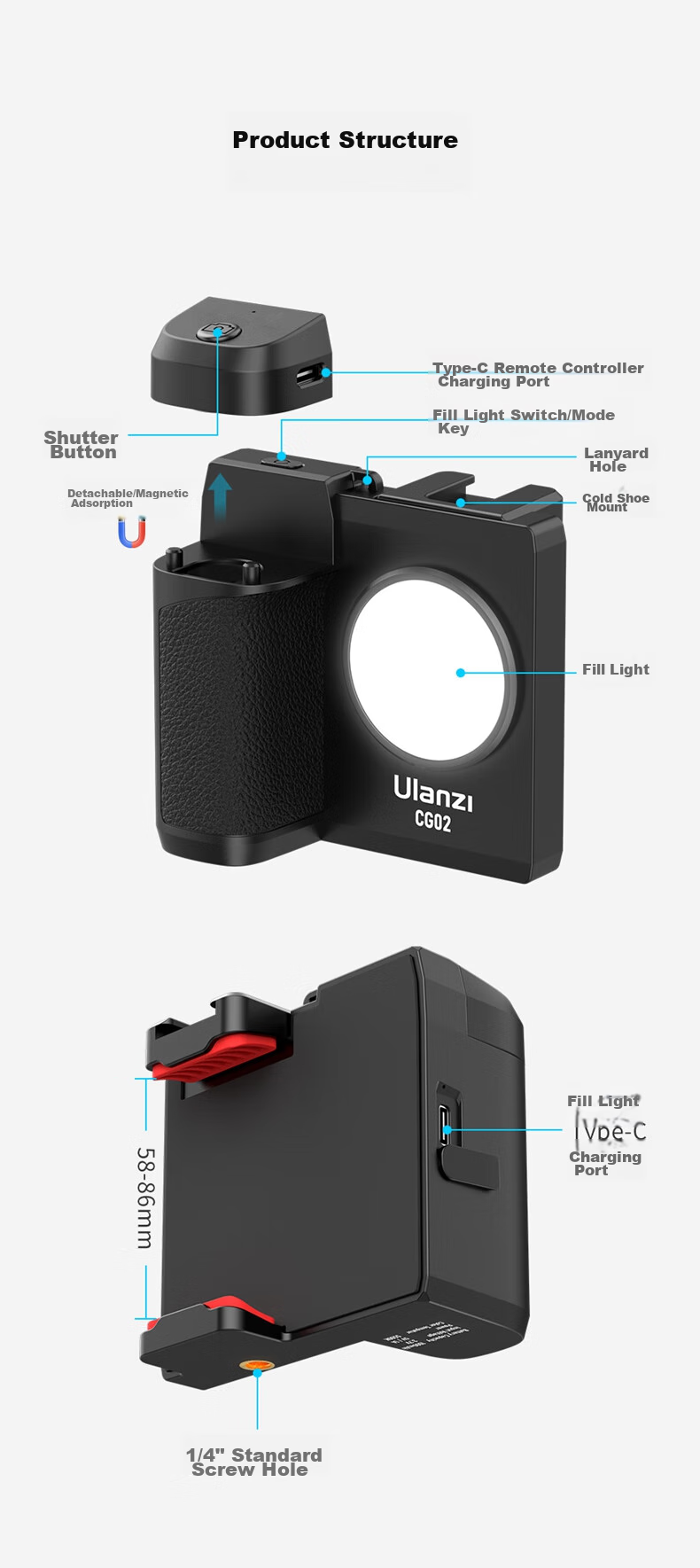 Ulanzi CG-02 - портативный стабилизатор со встроенной подсветкой и Bluetooth-пультом для селфи и видеосъемки