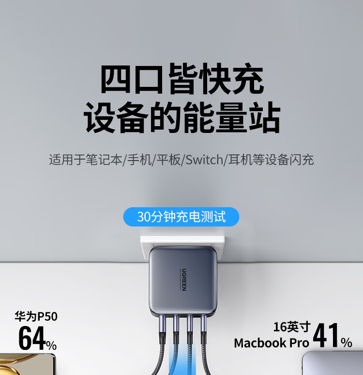 绿联闪充湃氮化镓GaN100W充电器套装通用苹果iPhone14/13华为手机Macbook多口快充头配线兼容PD65W笔记本电脑