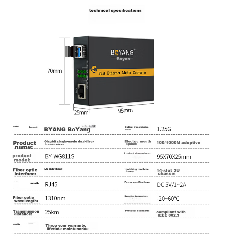 BOYANG BY-WG811S Gigabit Dual-Fiber Single-Mode Fiber Optic Transceiver, LC Interface, 25km External Power Supply