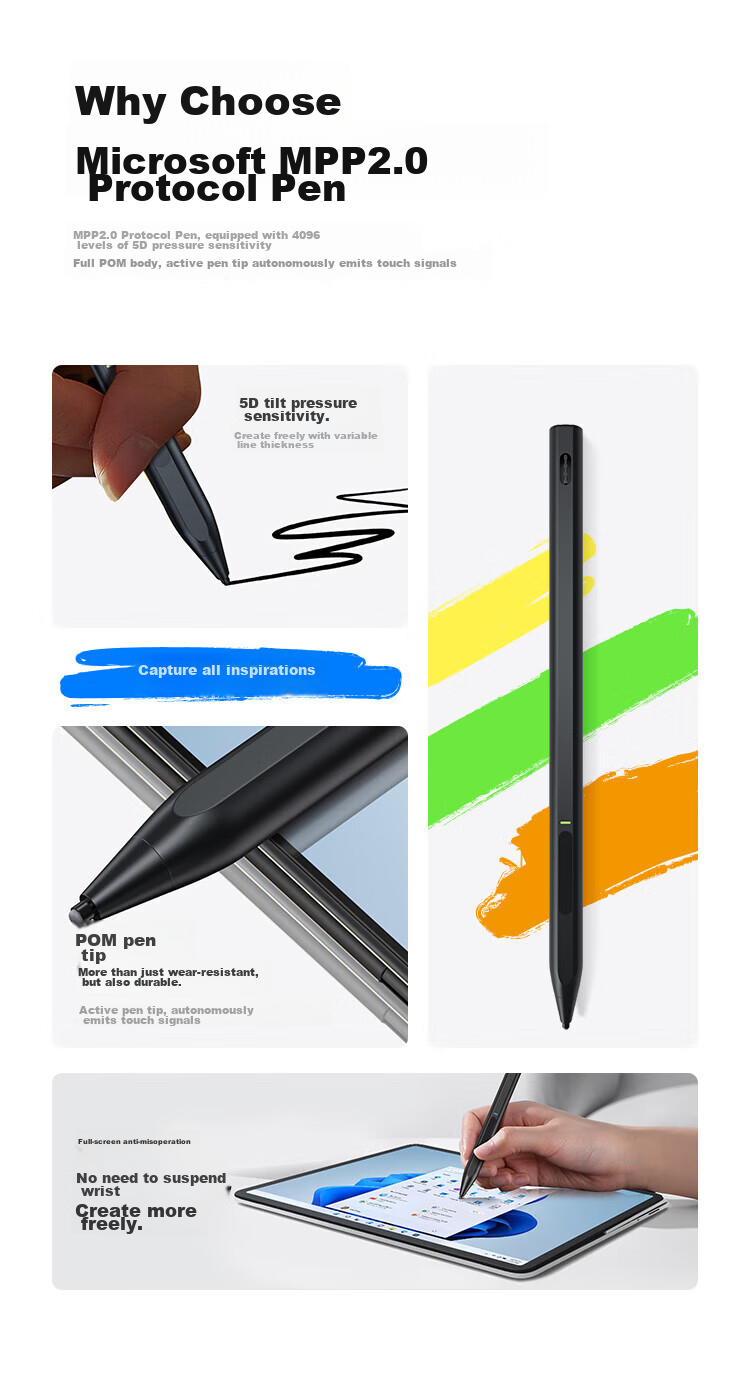 Стилус BIAZE Surface Pen, 4096 уровней чувствительности к нажатию, совместим с Microsoft Surface Pro 9/8/7/6/5/4/X/Laptop/Go2/3, сенсорный стилус для планшета, рисование и письмо, без задержек