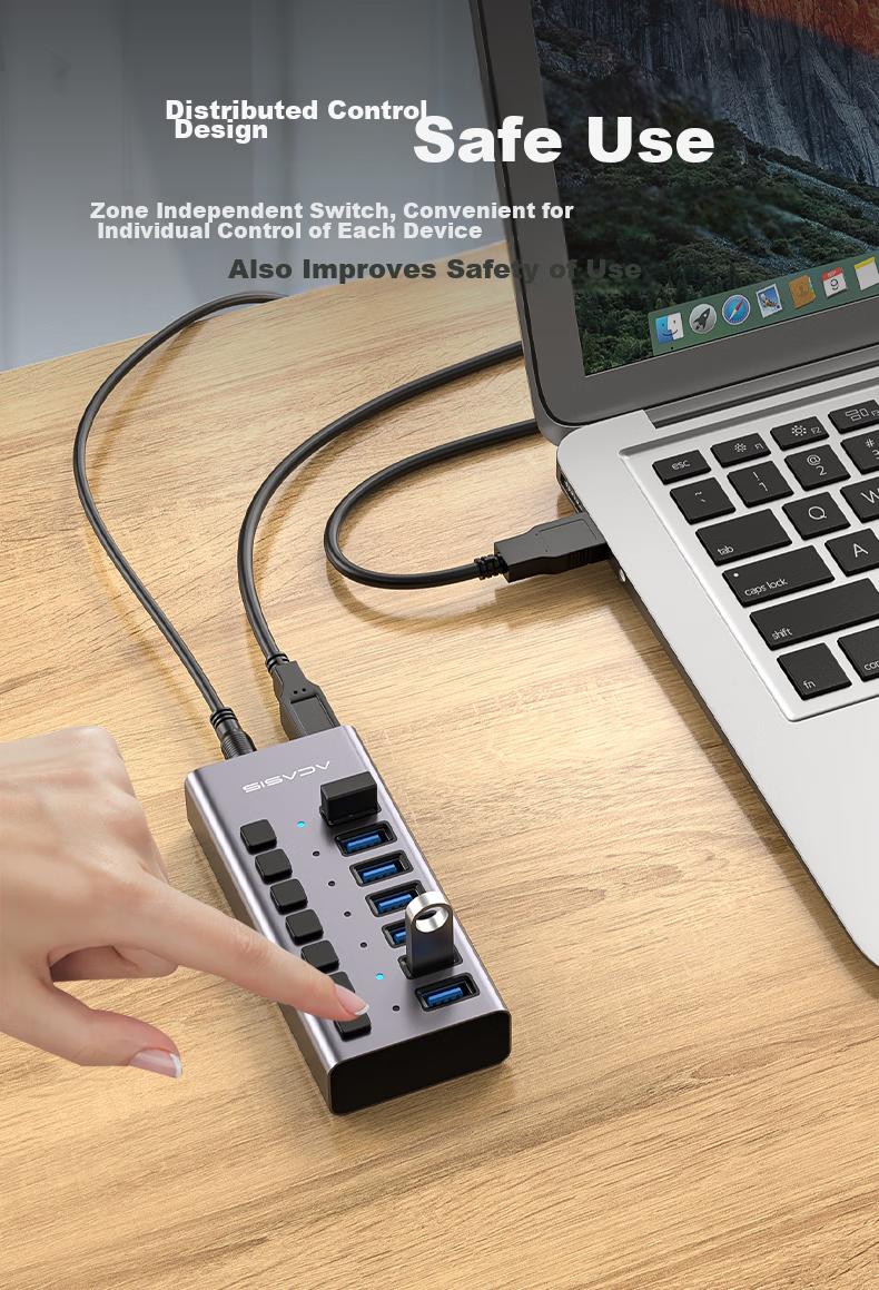 USB 3.0 концентратор Acasis HS-707MG, 7 портов с независимым управлением, алюминиевый корпус, серебристый