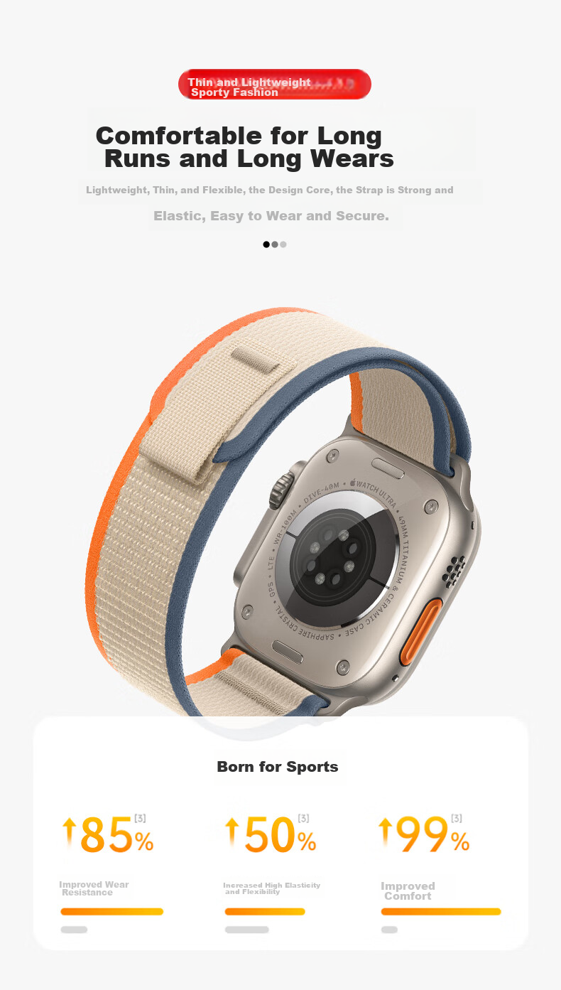 Ремешок BHO Wild Trail Loop для Apple Watch Series 9/10/Ultra 3/SE 3, нейлоновый, оранжевый с бежевым, 38/40/41/42 мм