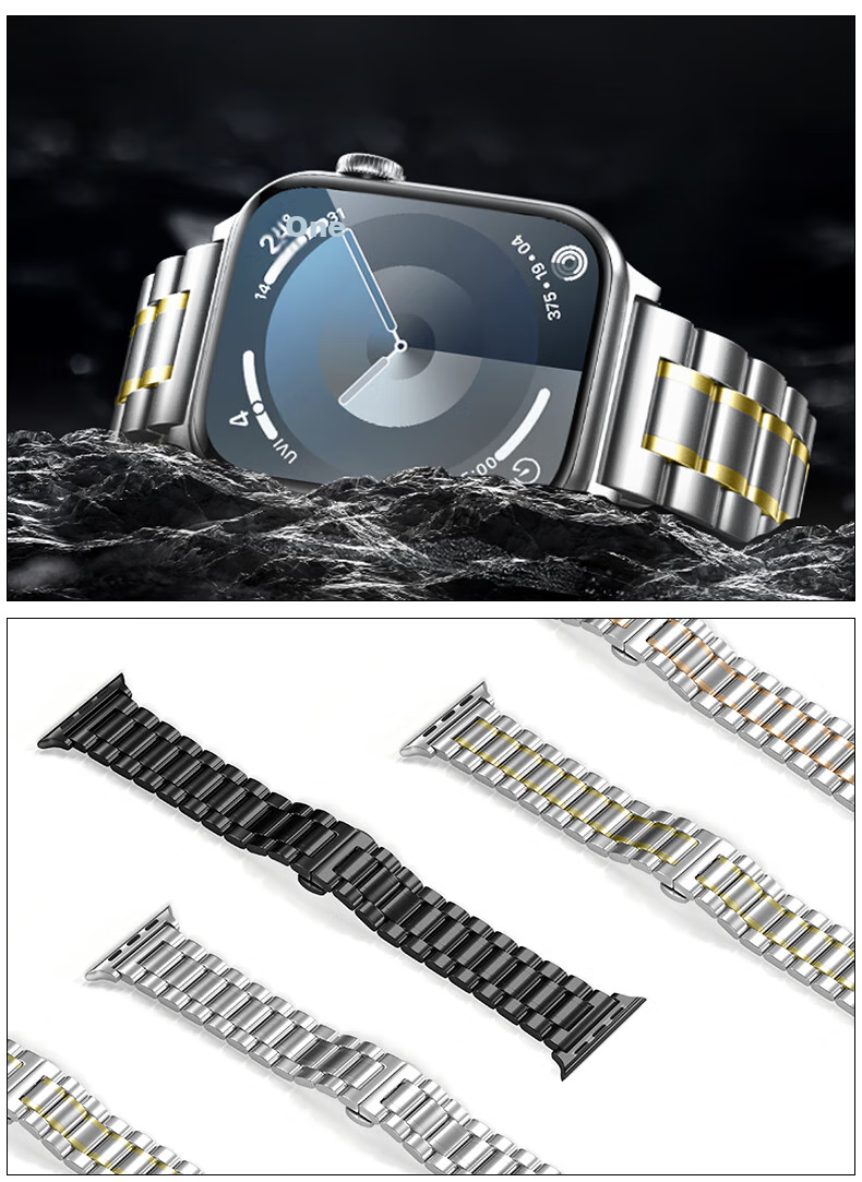 Ремешок Binghong из нержавеющей стали для Apple Watch Series 11, 10, Ultra 3, SE 3/2/S9/S8/2, серебристый с золотыми акцентами, 44/45/46/49 мм