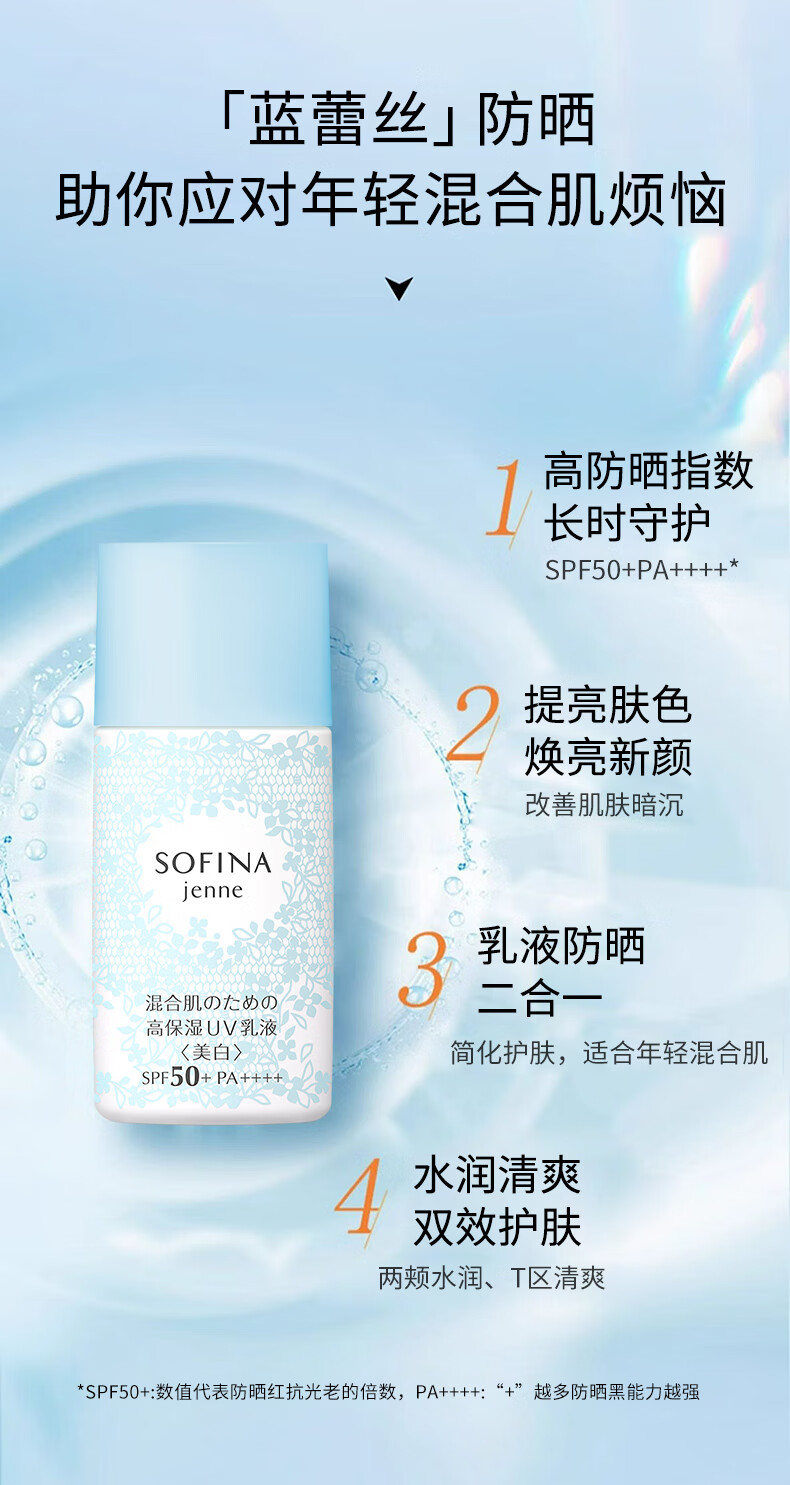 苏菲娜（Sofina）透美颜饱水控油双效美白日间倍护防护乳防晒霜SPF50+PA++++接龙运
