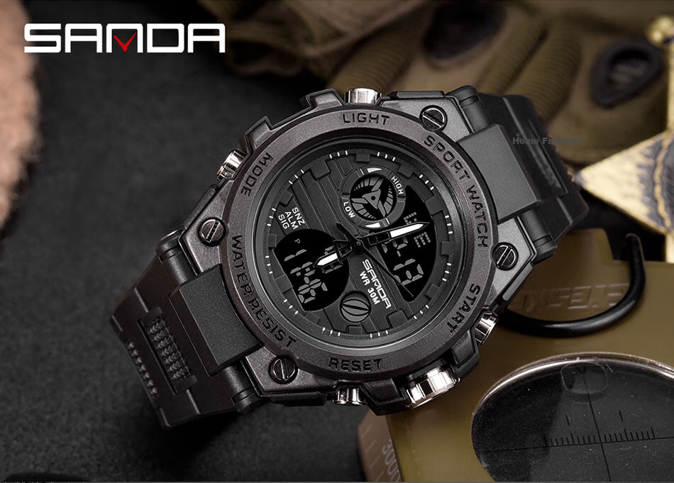 Мужские часы SANDA 739 Black Silver, спортивные электронные часы с будильником, водонепроницаемые до 30м, двойной дисплей