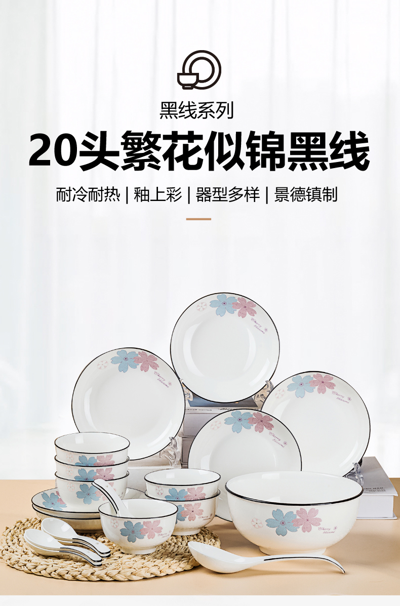 佳佰 景德镇陶瓷餐具套装陶瓷碗碟盘套装20头繁花似锦