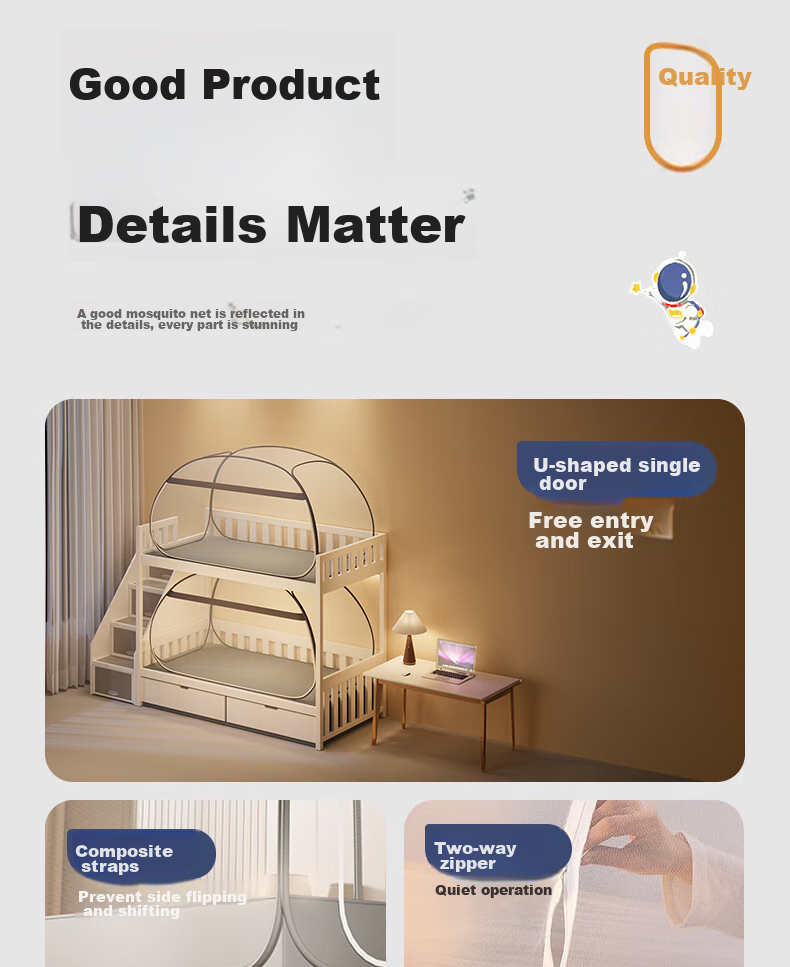 Mosquito net cottonfaith, no installation, student dormitory yurt-style bed with guardrail, suitable for bunk beds, 0.9*1.9 meters, minimalist gray