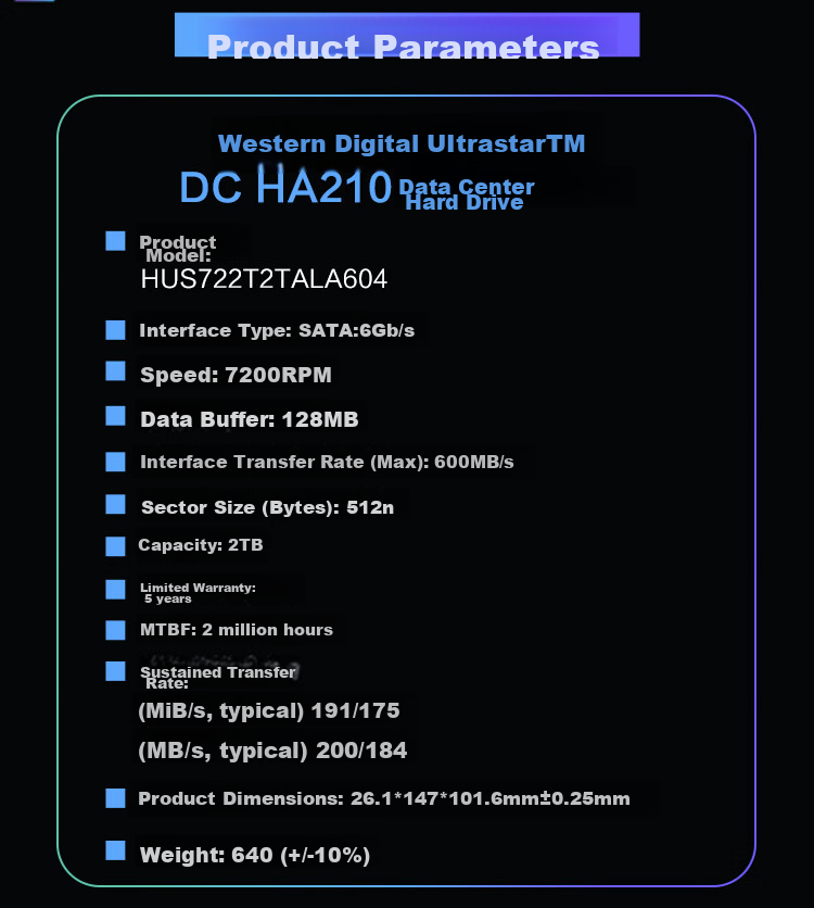 Жесткий диск Western Digital Ultrastar DC HA210 HUS722T2TALA604, 2 ТБ, 7200 об/мин, 128 МБ кэш, SATA III