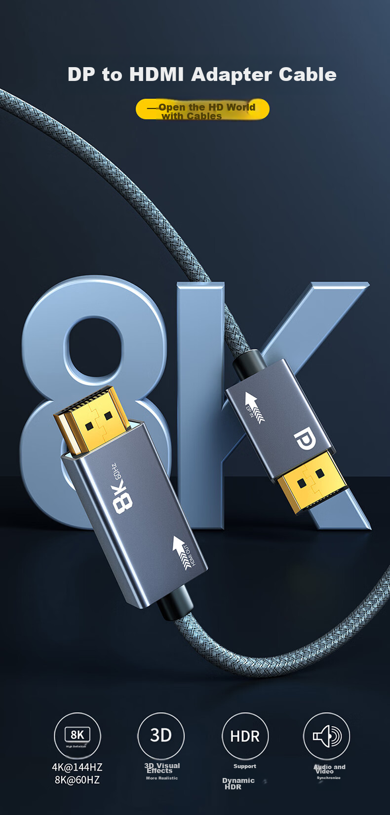 Адаптер-кабель ULT-unite DP1.4 на HDMI 2.1, 8K 60Hz, 240Hz, 2 метра, серый