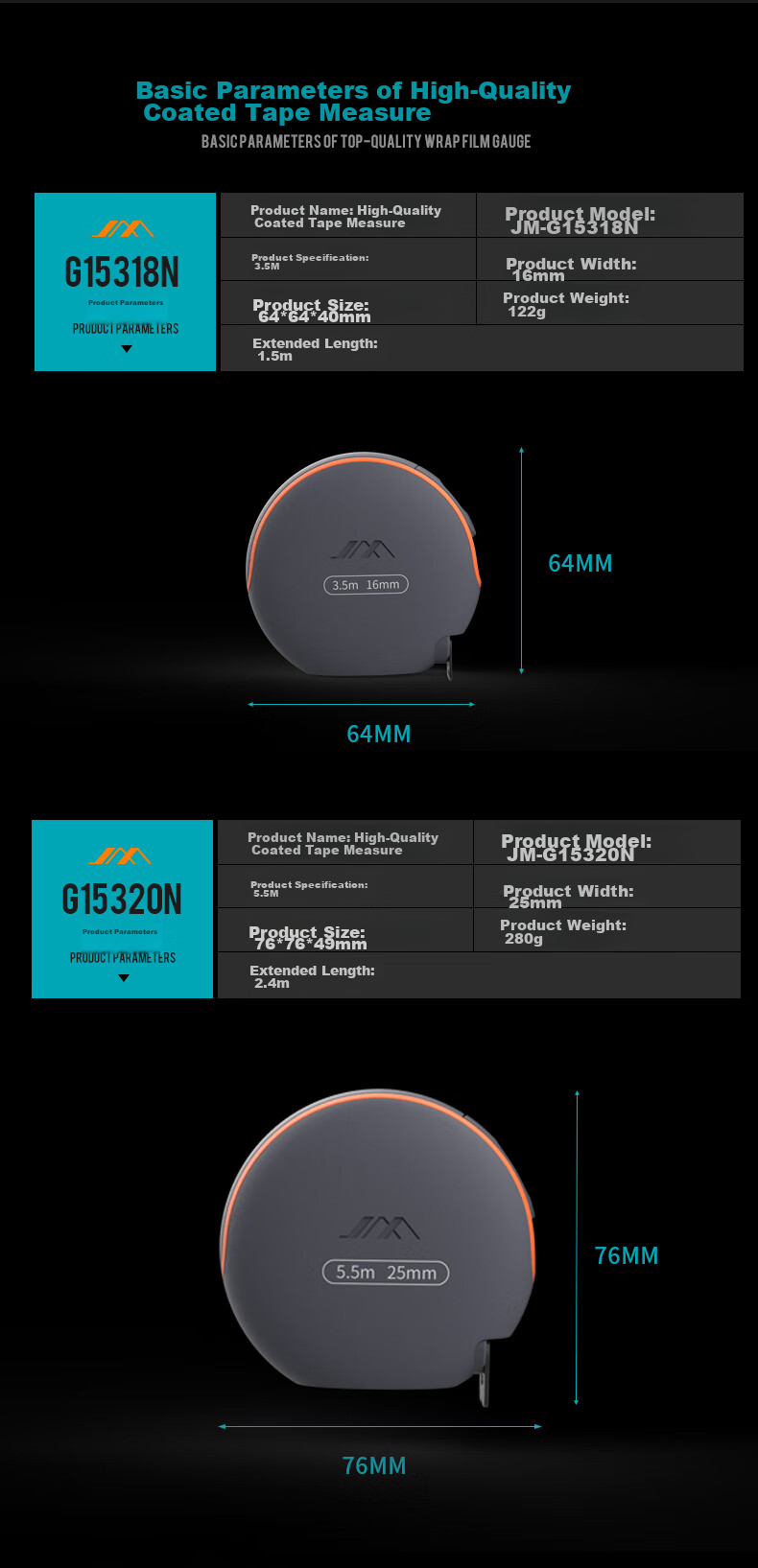 Рулетка измерительная JimiHOME JM-G15318N, 3.5 м, двойная шкала, противоударная, износостойкая, с резиновым покрытием