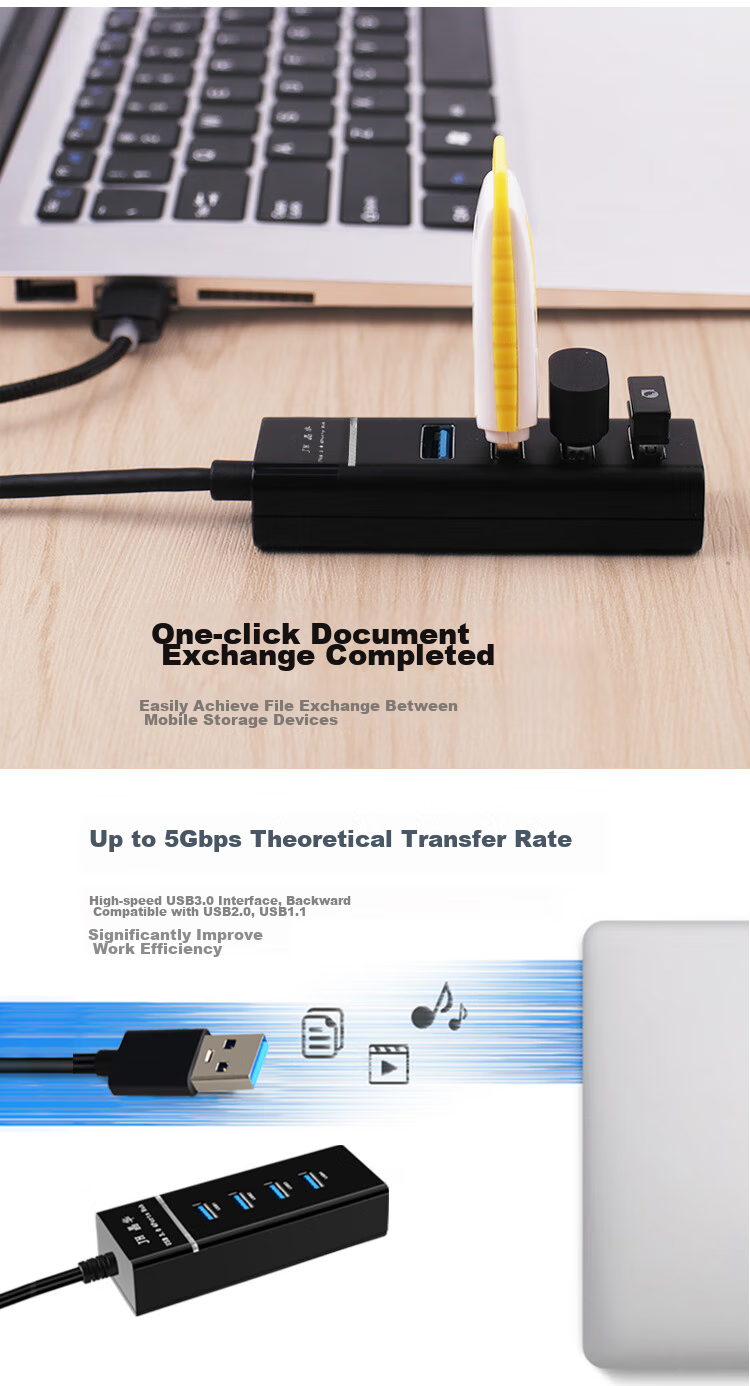 USB-хаб Jinghua JH USB3.0 High-Speed Multi-Port Hub, 4 порта, черный