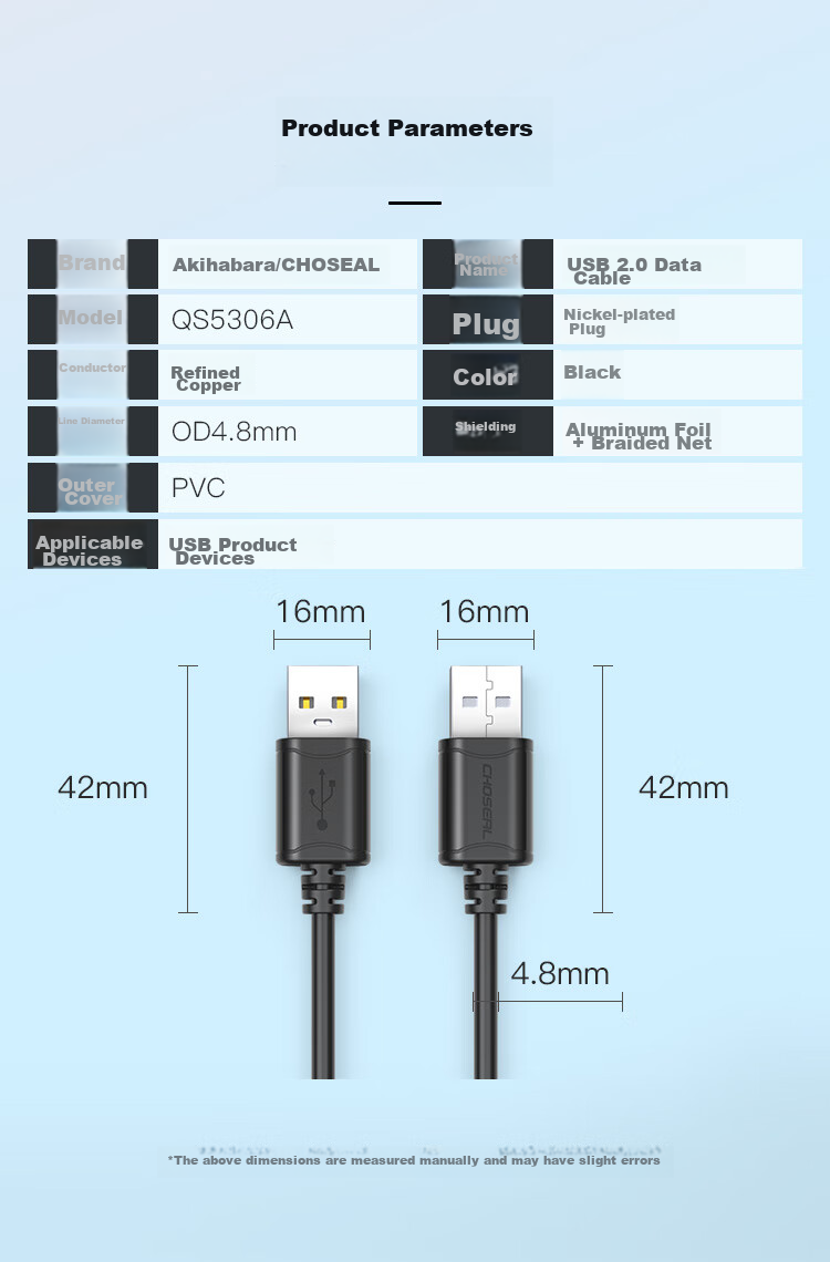 Кабель CHOSEAL QS5306A USB 2.0 Male to Male, двойной, 0.5 метра, черный