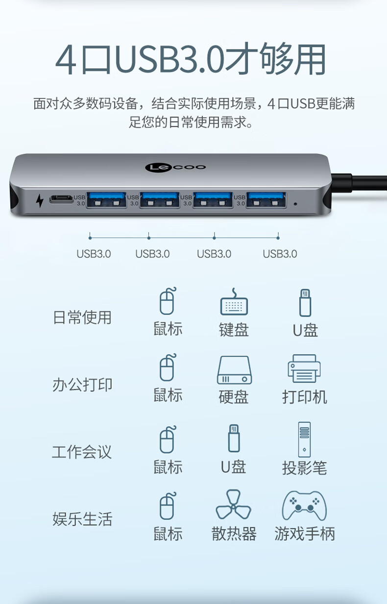 联想来酷 Type-C分线器扩展坞通用苹果华为笔记本USB-C转3.0USB转换转接头充电口五合一带充电口LKC1341H