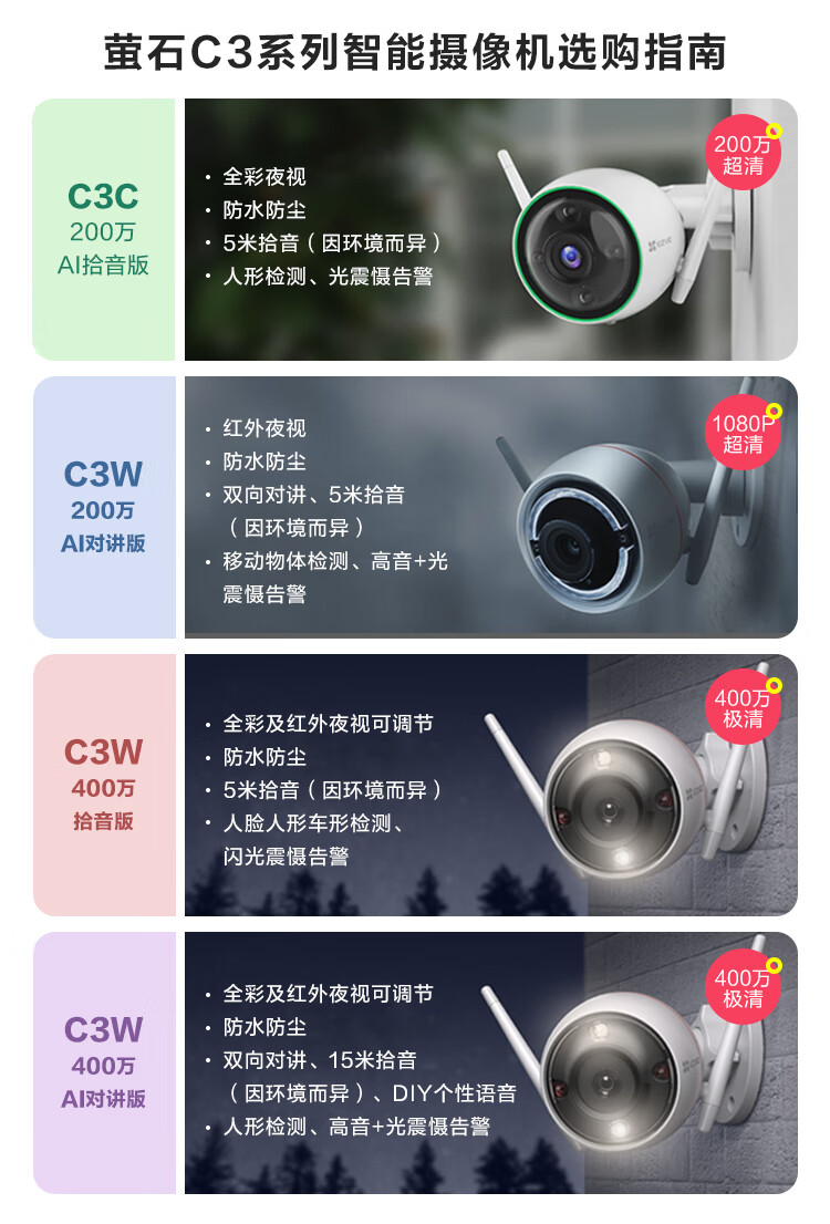 萤石 EZVIZ C3W 4MP 2.8mm拾音版 400万超清 日夜全彩 无线监控摄像头 室外IP67防水 AI人形检测 H.265编码