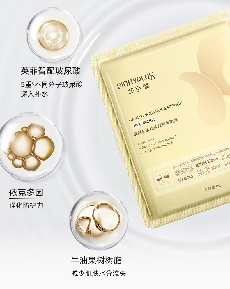 润百颜玻尿酸淡纹焕颜精华眼膜贴5片装淡纹滋润紧实眼周细纹