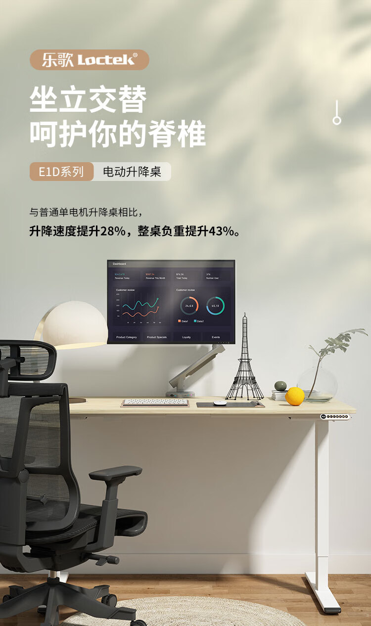 乐歌(Loctek)E1D银灰色升降桌套装站立办公电动升降学习桌亲子桌电脑桌办公桌家用写字书桌