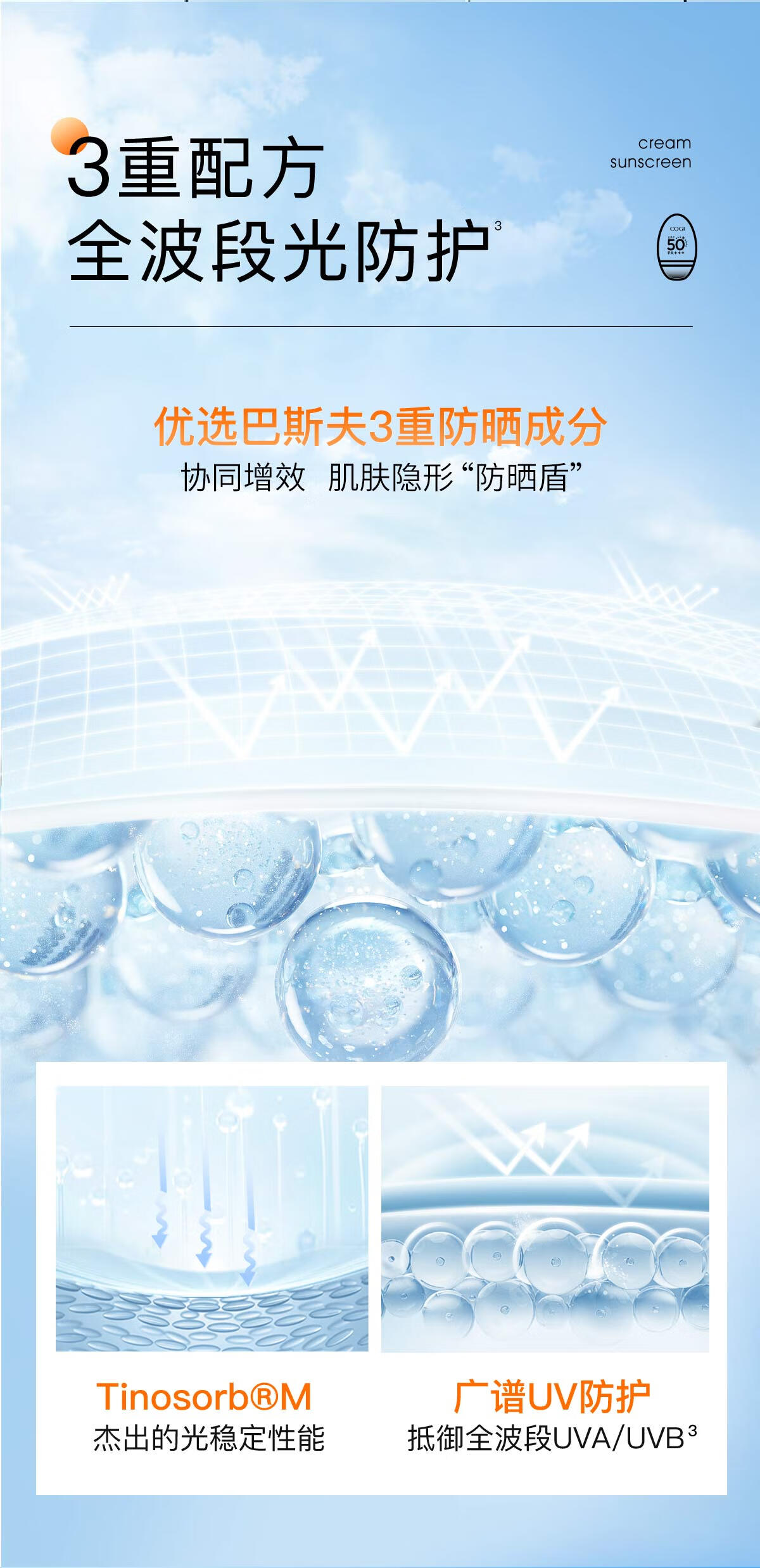 高姿 多维光护防晒霜SPF50+PA+++ 防晒乳军训高倍防晒不油腻小胖橙50g