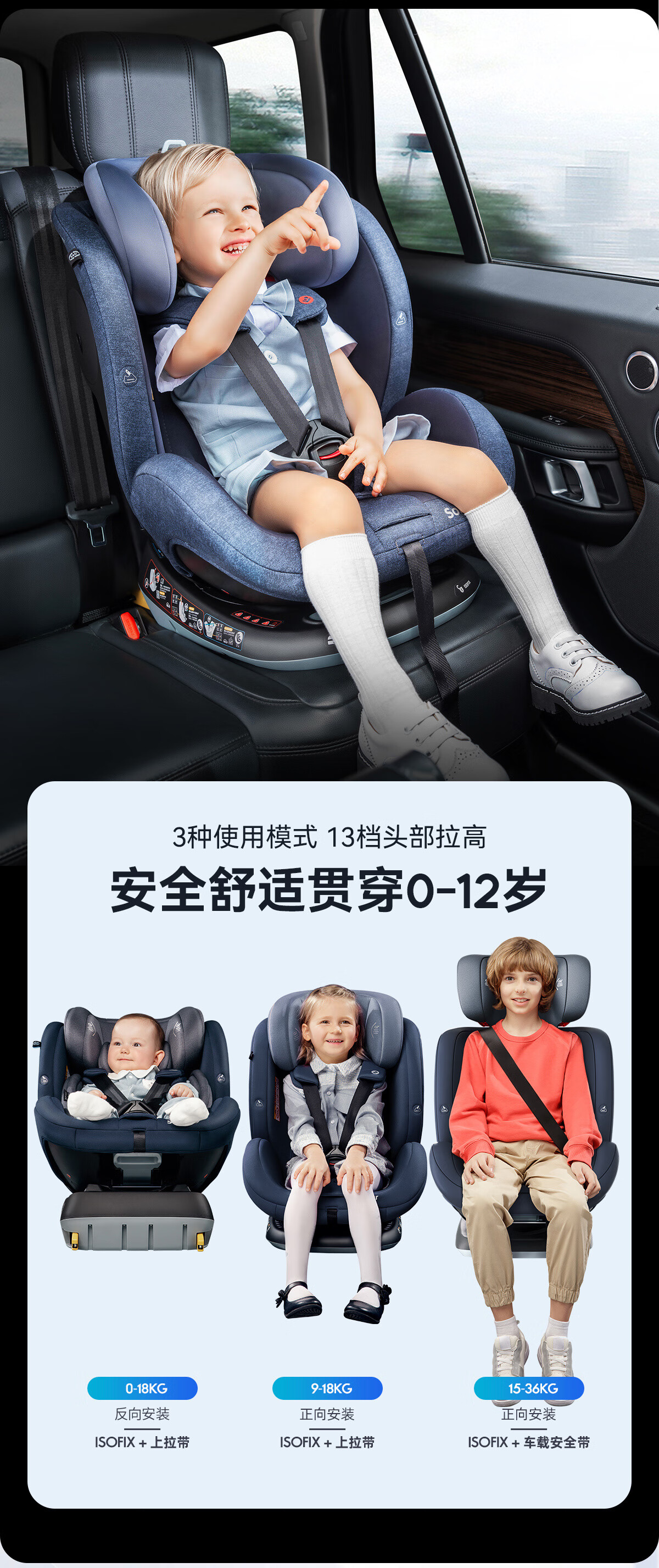 maxi cosi迈可适儿童安全座椅0-12岁 360°可旋转 五点式安全带 ISOFIX Sonar360 迪拜蓝 030157910CF