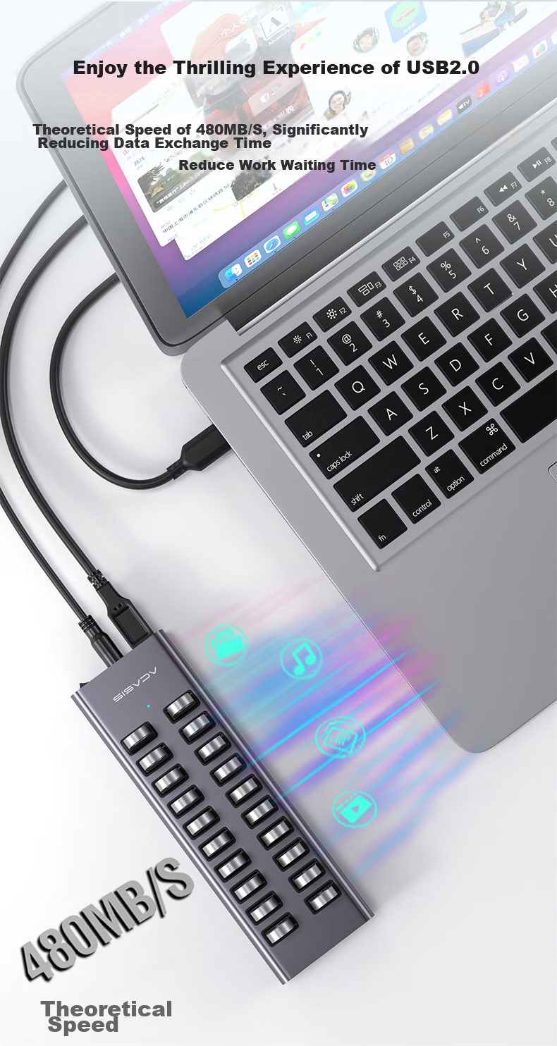 USB-хаб Acasis H037 на 20 портов USB 2.0 с блоком питания 90 Вт, алюминиевый корпус, для ноутбуков и ПК