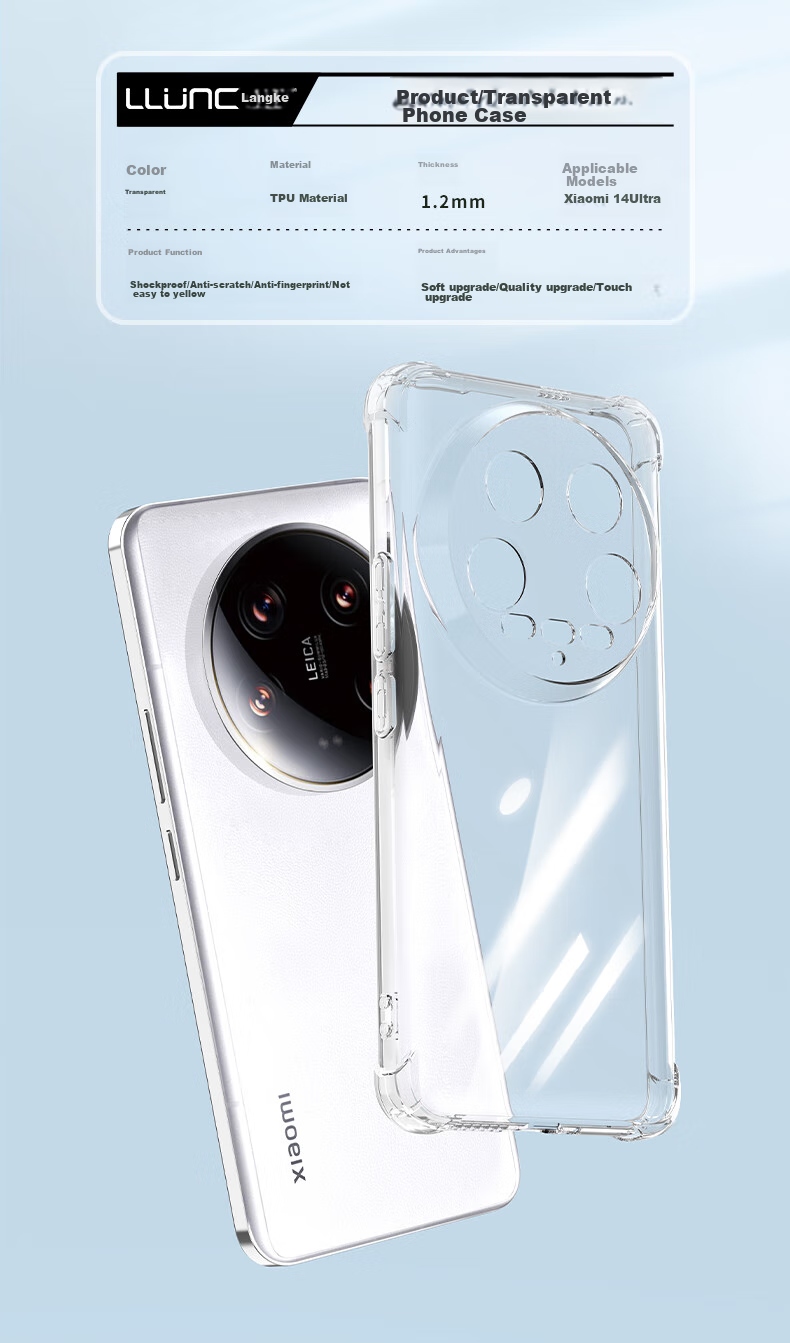 Чехол LLUNC для Xiaomi 14 Ultra, прозрачный, противоударный, с защитой камеры