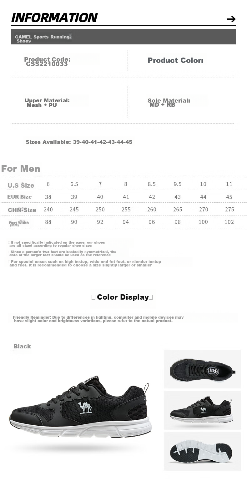 Мужские кроссовки CAMEL CSS221L0033, дышащие, легкие, для бега и ходьбы, черные, размер 44