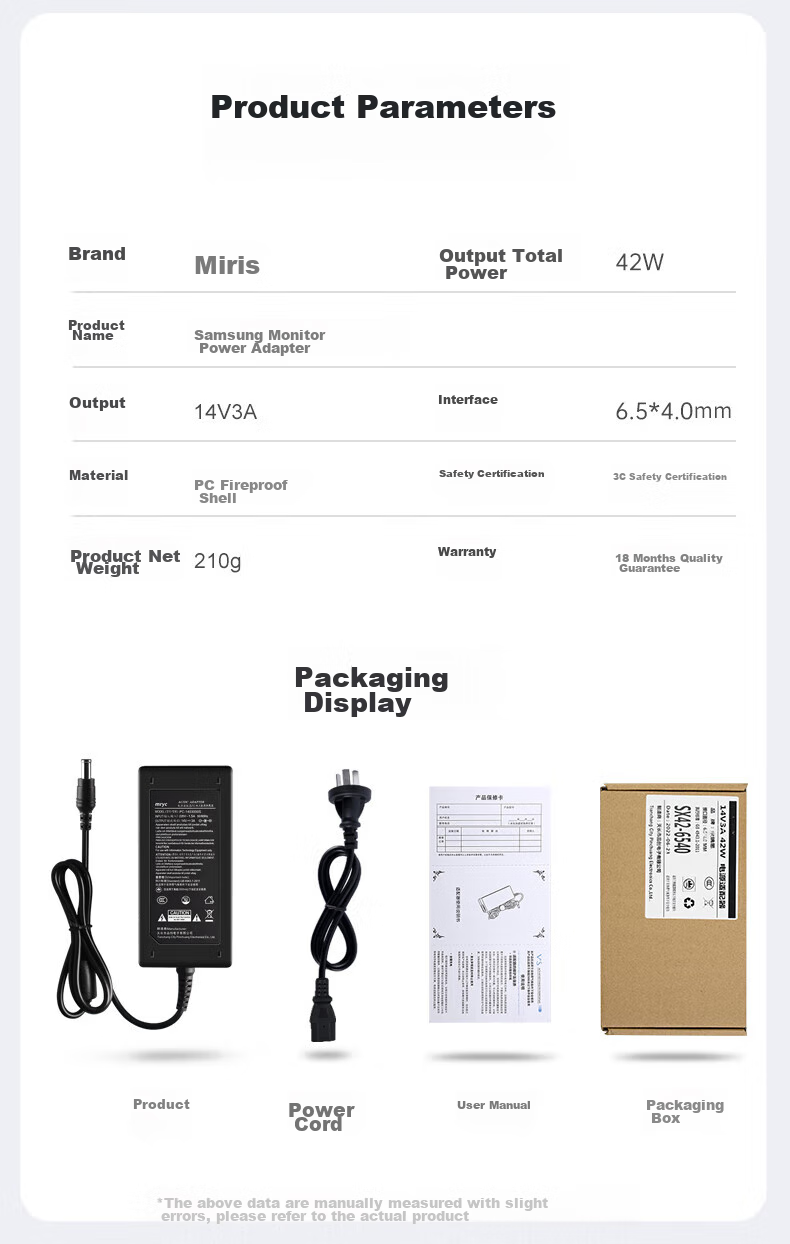 Адаптер питания mryc для мониторов Samsung, 14V3A, универсальный, для ЖК-экранов и ноутбуков, 6.5*4.0 мм