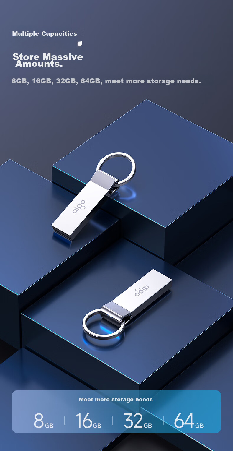USB-накопитель Aigo U210, 64 ГБ, USB 2.0, металлический корпус, водонепроницаемый, серебристый