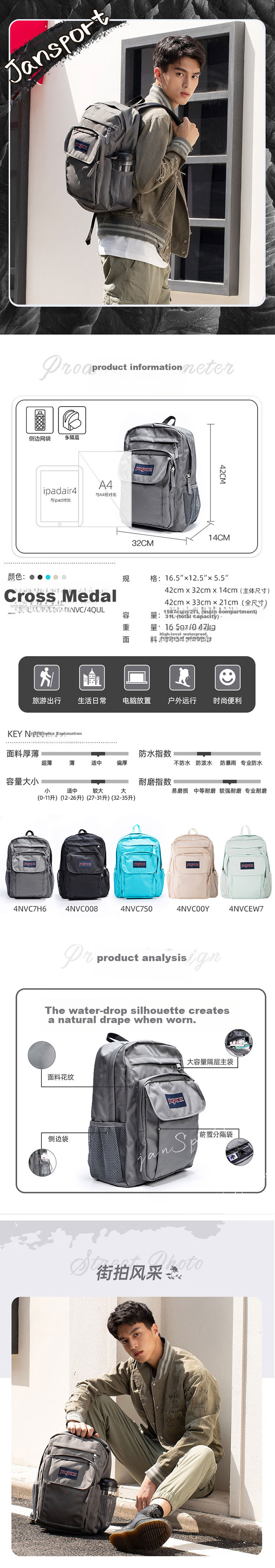 Рюкзак JANSPORT Jiesi'bao, вместительный рюкзак для мужчин и женщин, школьная сумка для студентов колледжа, 4NVC00Y, бежевый