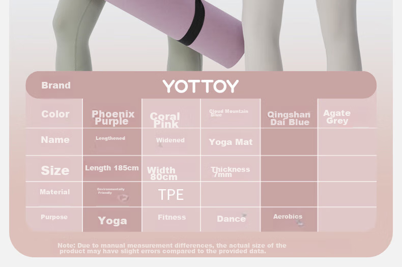 Коврик для йоги YOTTOY, утолщенный и расширенный, TPE, нескользящий, для фитнеса, танцев, аэробики, 185x80 см, 7 мм, розовый