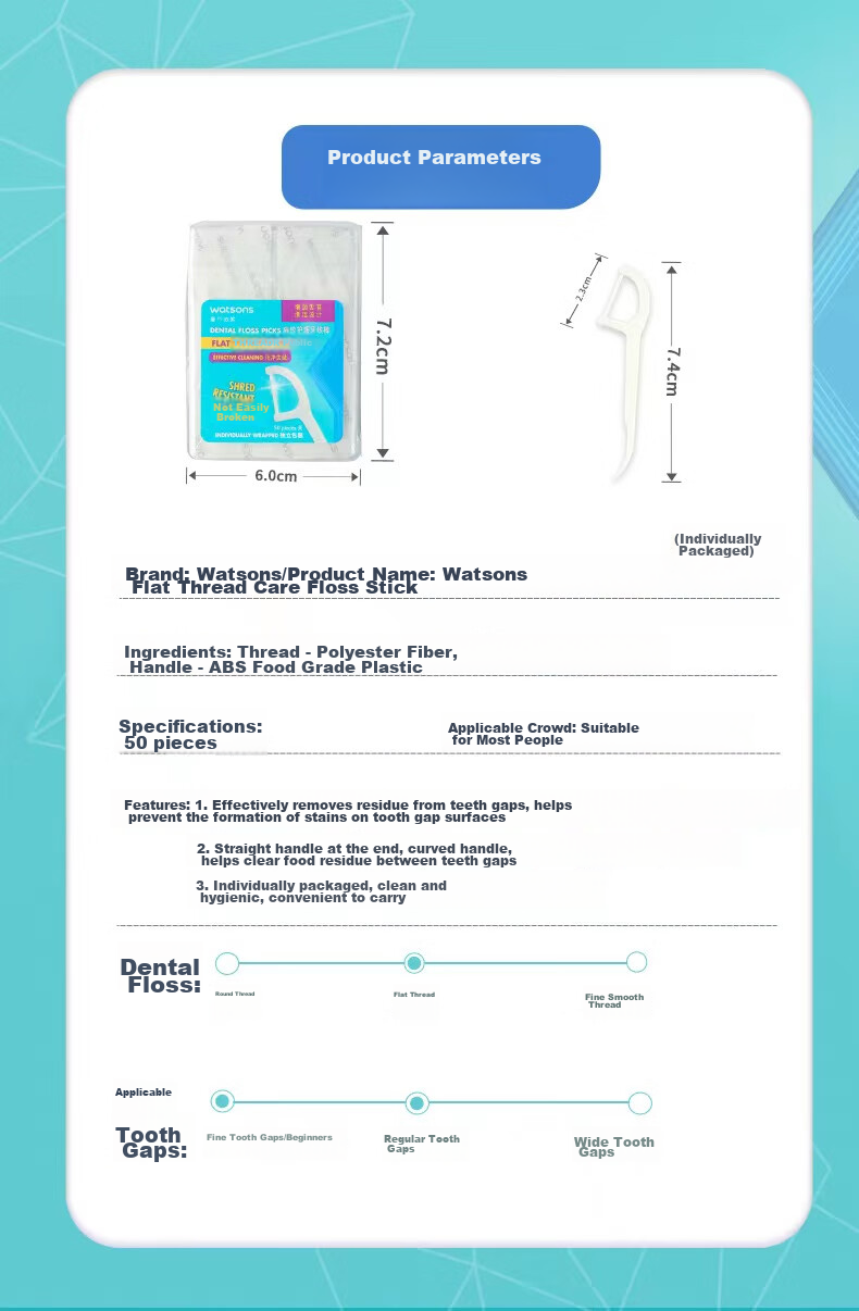Зубная нить Watsons Flat Dental Floss Picks, 50 шт.