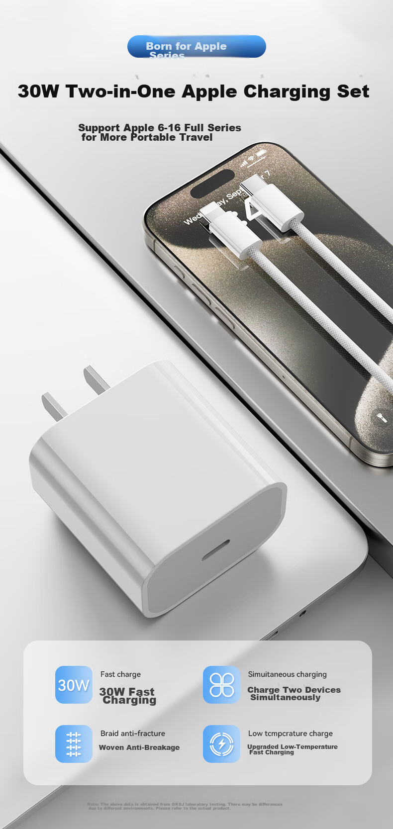 OKSJ Зарядное устройство и кабель Type-C для Apple, комплект для зарядки PD30W, автомобильное зарядное устройство с двумя портами