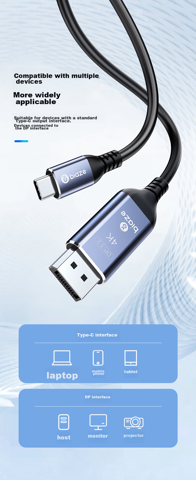Переходник BIAZE Type-C на DP 1.2, кабель-адаптер 4K 60Hz, 165Hz, Thunderbolt 3, для ноутбука, внешний монитор, 240Hz, 1 метр