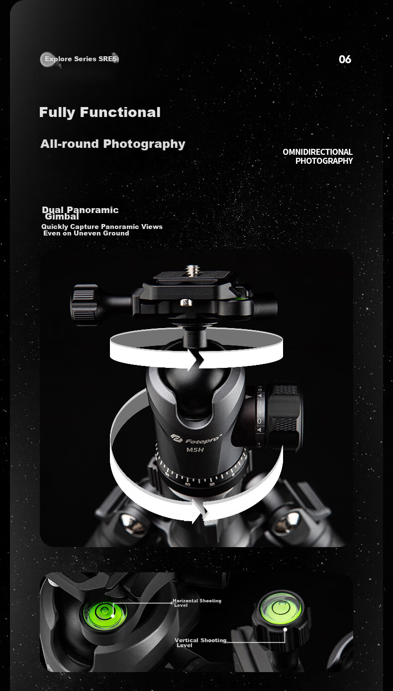 Штатив Fotopro MG4 Dual Panoramic Ball Head, 3K Carbon Fiber Professional DSLR Mirrorless Camera Photography And Videography Tripod Head, with Phone Clamp, Orange