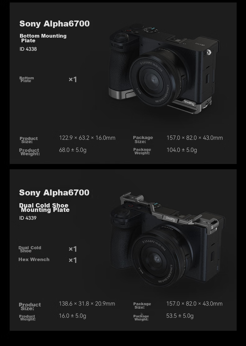 SmallRig 4338 - это база для камеры Sony A6700, которая обеспечивает расширение функционала для фото- и видеосъемки. Она совместима с камерами Sony Alpha 6700, 6600, 6500 и 6400, предлагая надежное крепление и удобство использования. Аксессуар изготовлен из прочного алюминиевого сплава, что гарантирует долговечность и надежность.