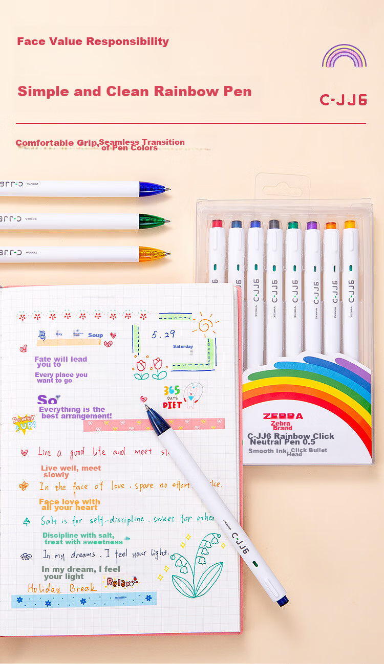 ZEBRA Rainbow Retractable Gel Pen, 0.5mm Bullet Tip Signing Pen, Colorful Student Drawing Marking Coloring Journal Pen Ink Pen C-JJ6 Blue-Black Single Pe