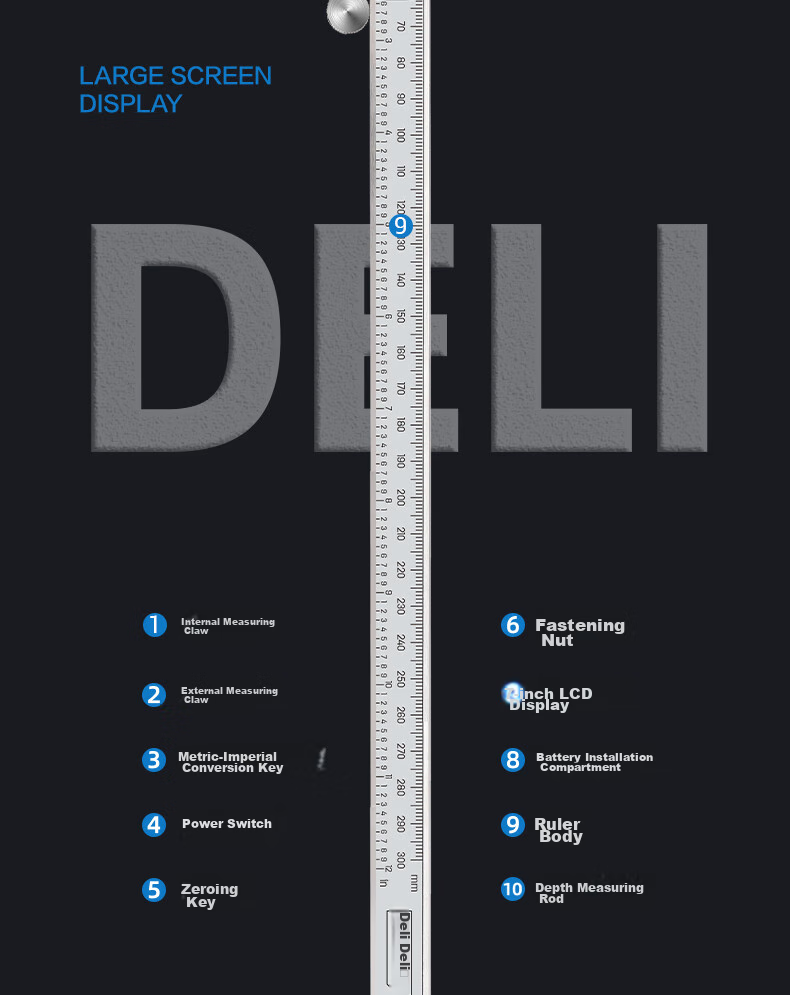 Цифровой штангенциркуль Deli DL91300, все металлический, высокоточный, с большим HD-экраном, соответствует национальным стандартам, 300 мм