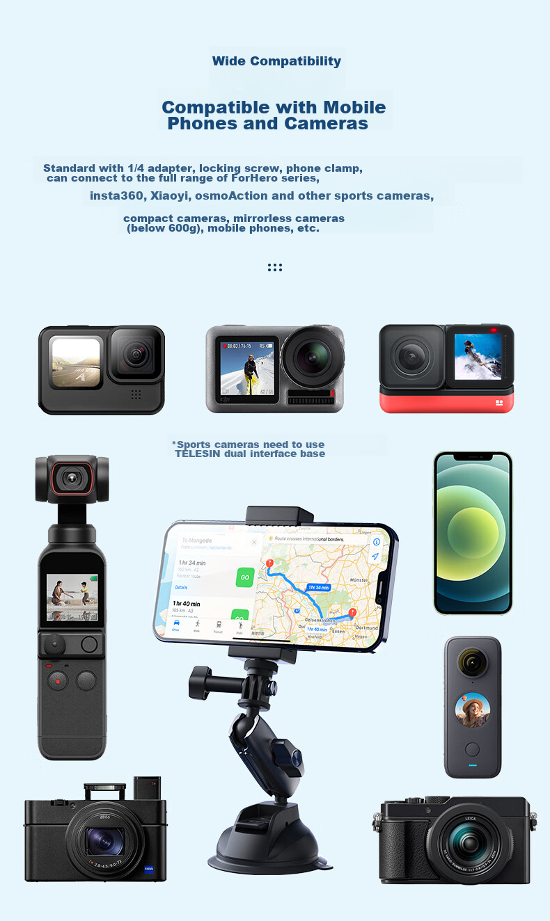 TELESIN Крепление-присоска для экшн-камер, совместимо с DJI Action 4, 5 Pro, 6, GoPro, Acepro 2, из алюминиевого сплава