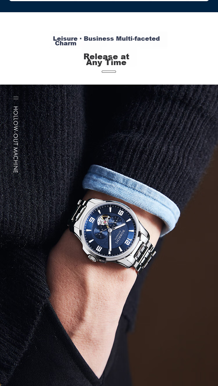 Мужские механические часы ROSSINI 519939 с синим циферблатом и стальным браслетом, водонепроницаемые до 50 метров, корпус из нержавеющей стали, сапфировое стекло