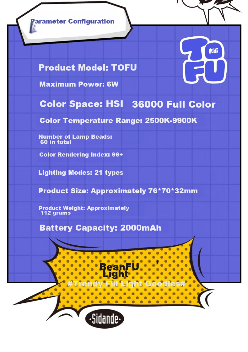 Портативный светодиодный осветитель Sidande Tofu Light RGB, 6W, 2500K-9900K, CRI 96+, 21 спецэффект, 2000mAh, белый с держателем для телефона