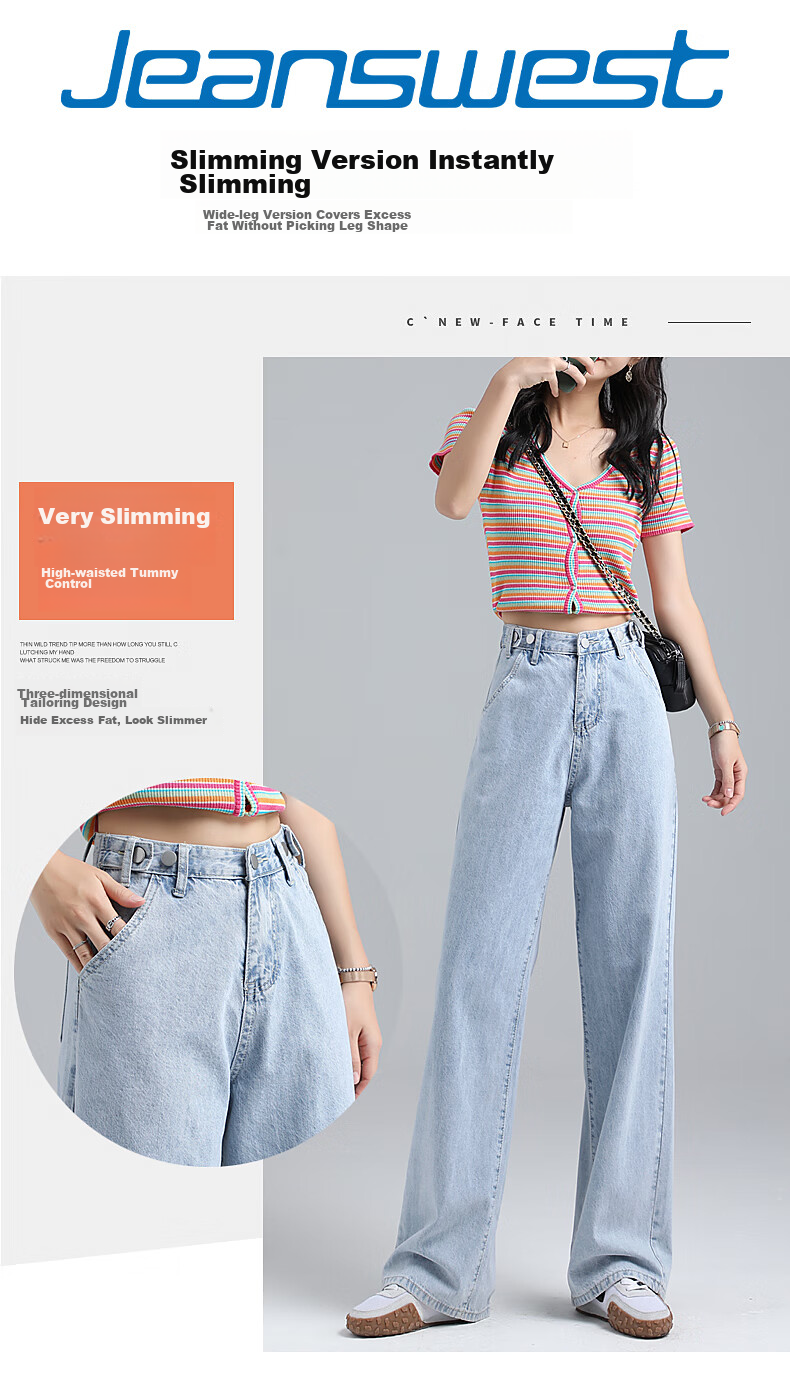 Джинсы Jeanswest Женские, 2025 Осень, Широкие штанины с высокой талией, Модные свободные брюки, Темно-синие, Размер XL