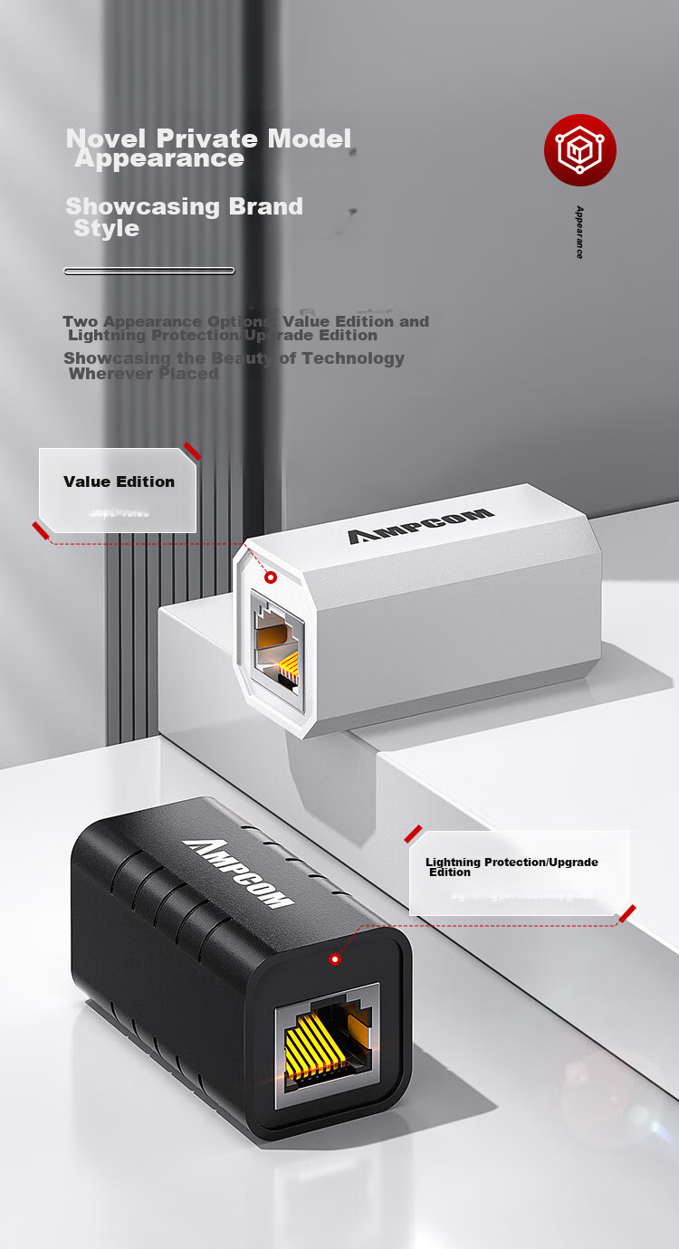 AMPCOM CAT6 Gigabit Crystal Head Network Cable Straight-Through Connector, CAT6 Shielded Double-Pass Network Extension Connector RJ45 Computer Network Port Adapter Black 1 Piece AMCAT6BK102