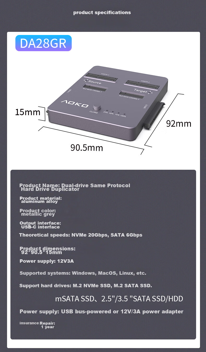 AOKO DA28GR, клонер SSD NVMe/SATA, M.2, док-станция для клонирования жестких дисков, 2 отсека, USB 3.2 Gen 2
