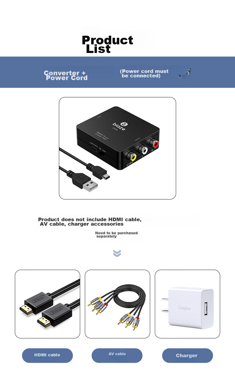 Конвертер BIAZE HDMI в AV (3RCA) с USB-питанием, для подключения ноутбуков, ТВ-приставок к телевизору, 1.8 м
