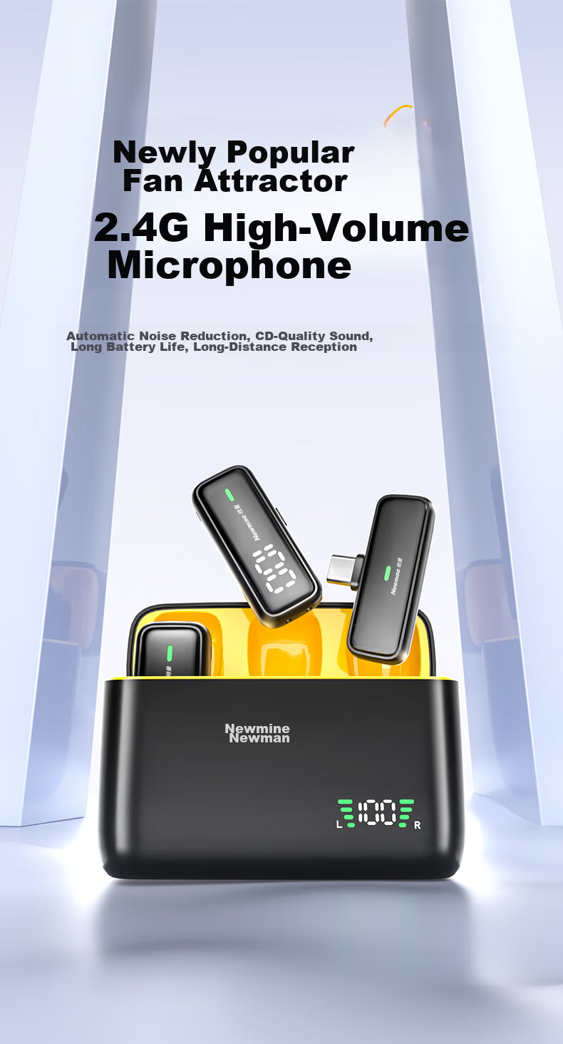Беспроводной петличный микрофон Newmine MC203 для прямой трансляции, записи интервью, коротких видео на улице, с шумоподавлением и зарядным кейсом, двухканальный