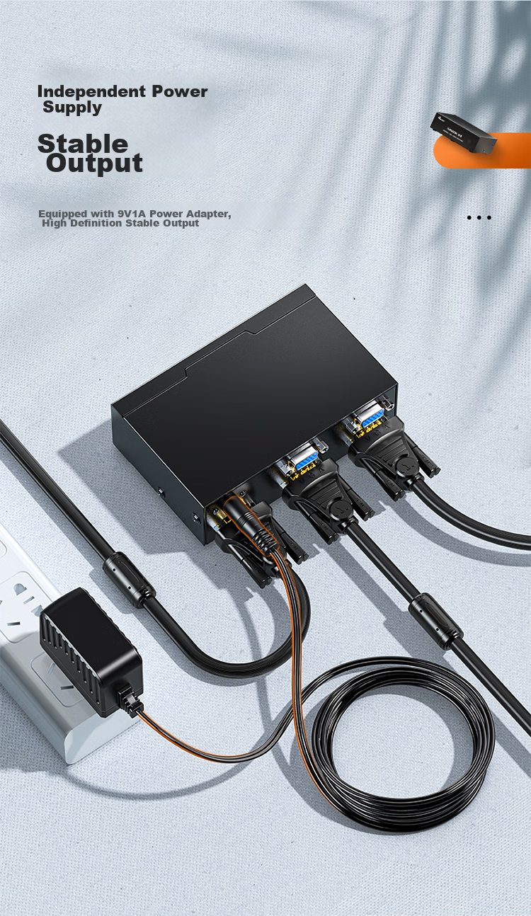 Разветвитель VGA SAMZHE HV-802W, 1 вход / 2 выхода, 250 МГц, поддержка HD 1080P, металлический корпус, черный
