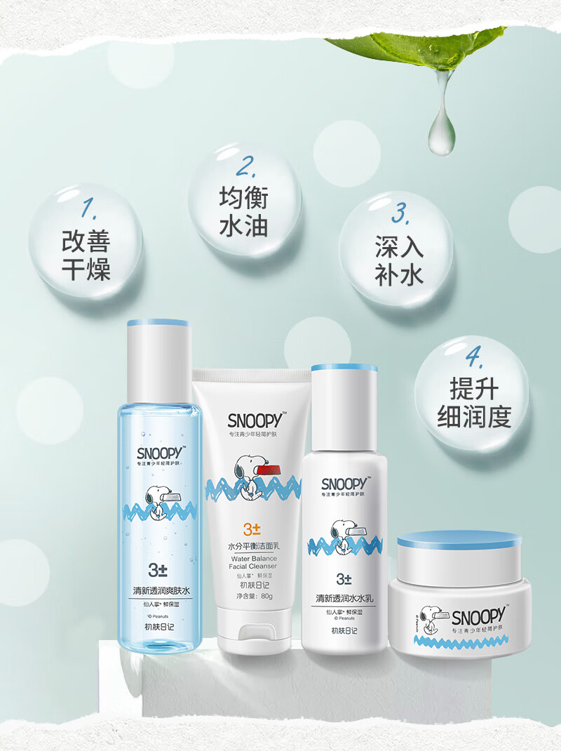 SNOOPY史努比中学生护肤品套装洗面奶+爽肤水+乳液+面霜补水保湿青少年