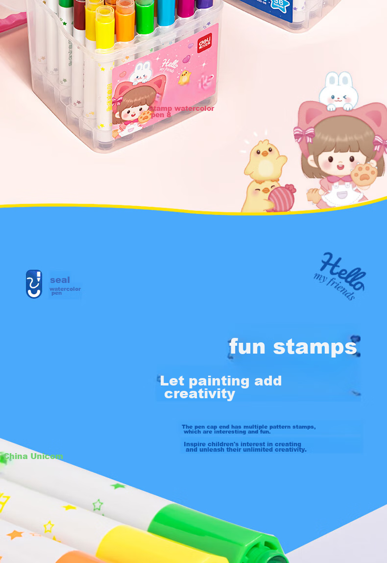 Набор акварельных маркеров Deli с штампами, 12 цветов, смываемые, для детей